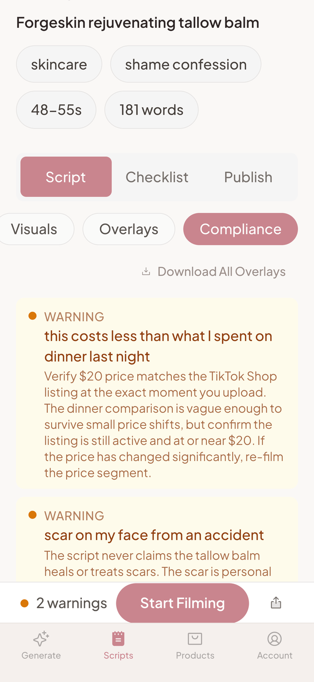 The compliance view flagging a price claim and a scar mention on a generated blueprint.